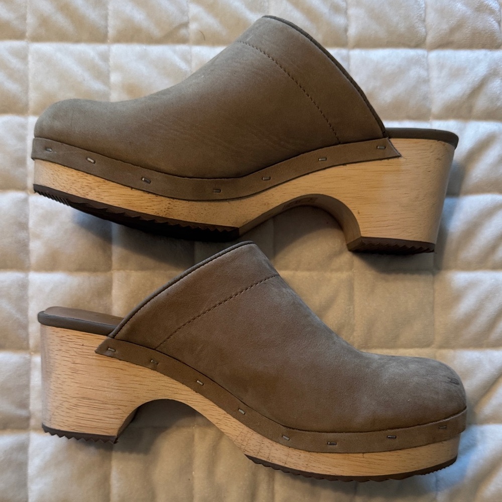 LOFT Taupe Suede Clog Mules with‎ Wood Heel